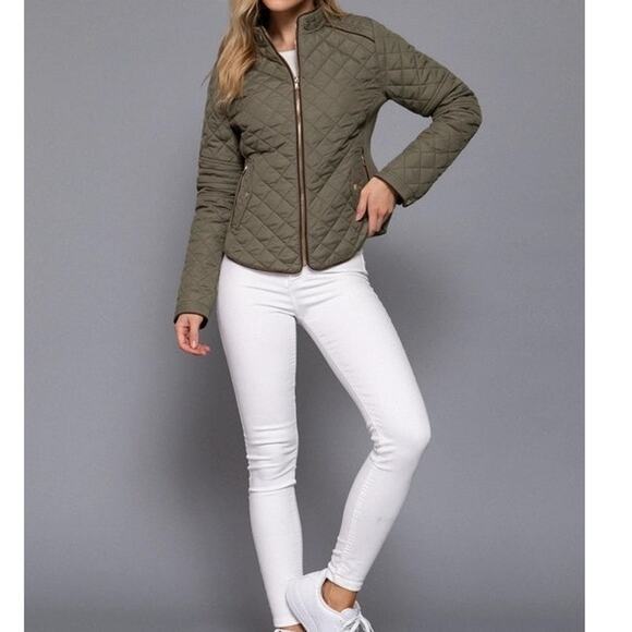 Suede Piping Detail Knit Rib Quilted Padding Jacket Olive - Picture 5 of 6